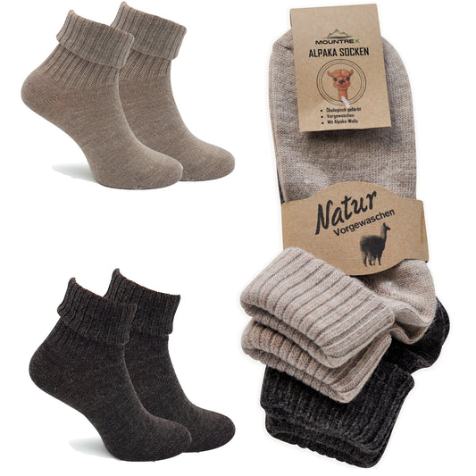 Alpaka Socken, Wollsocken (2 Paar) - Dünn, mit Umschlag (Beige/Braun)