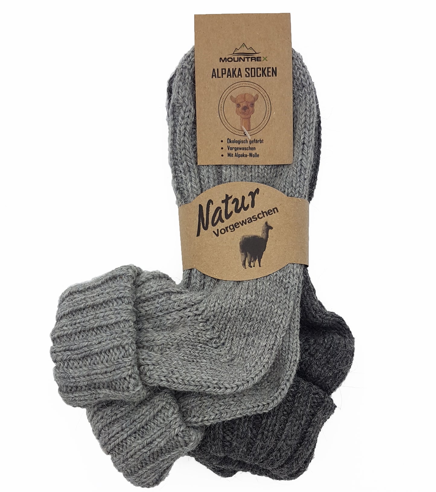 Alpaka Socken, Wollsocken (2 Paar) - Strick, mit Umschlag (Grau/Dunkelgrau)