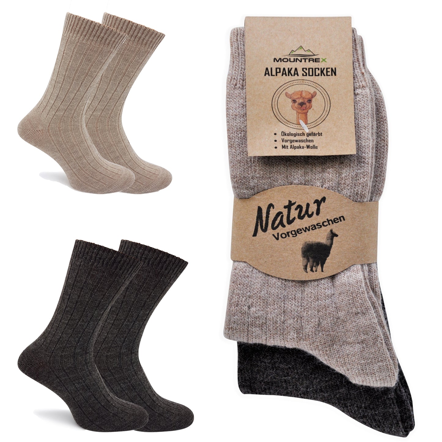 Alpaka Socken, Wollsocken (2 Paar) - Dünn (Beige/Braun)