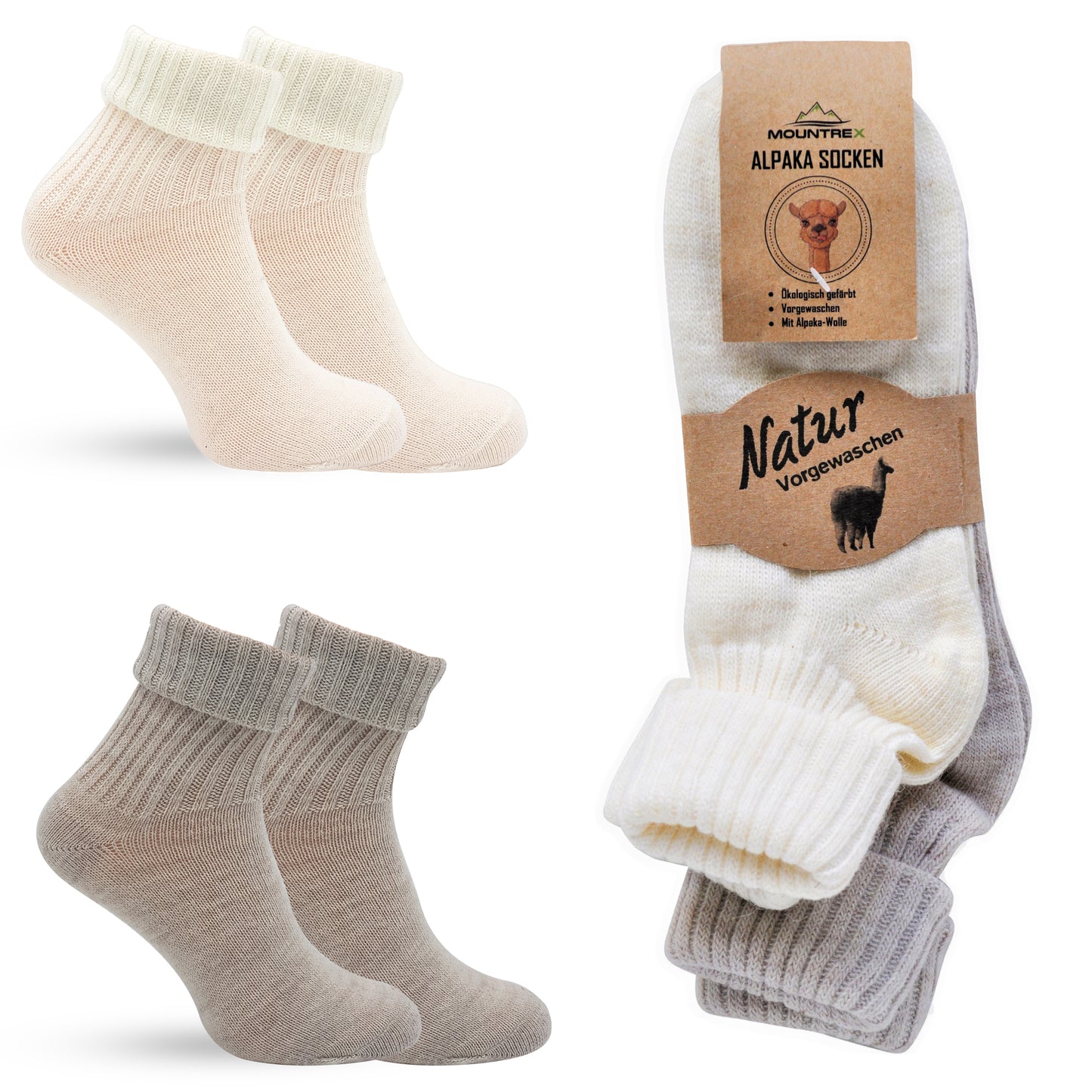 Alpaka Socken, Wollsocken (2 Paar) - Dünn, mit Umschlag (Ecru/Beige)