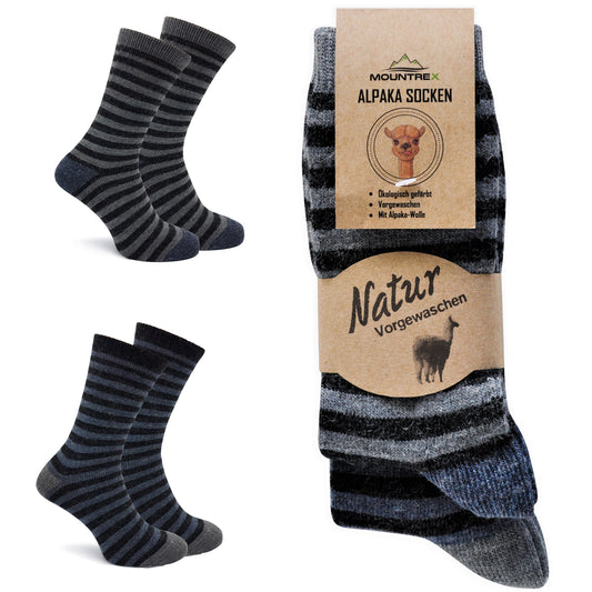 Alpaka Socken, Wollsocken (2 Paar) - Dünn, mit Ringel (Jeans/Grau)