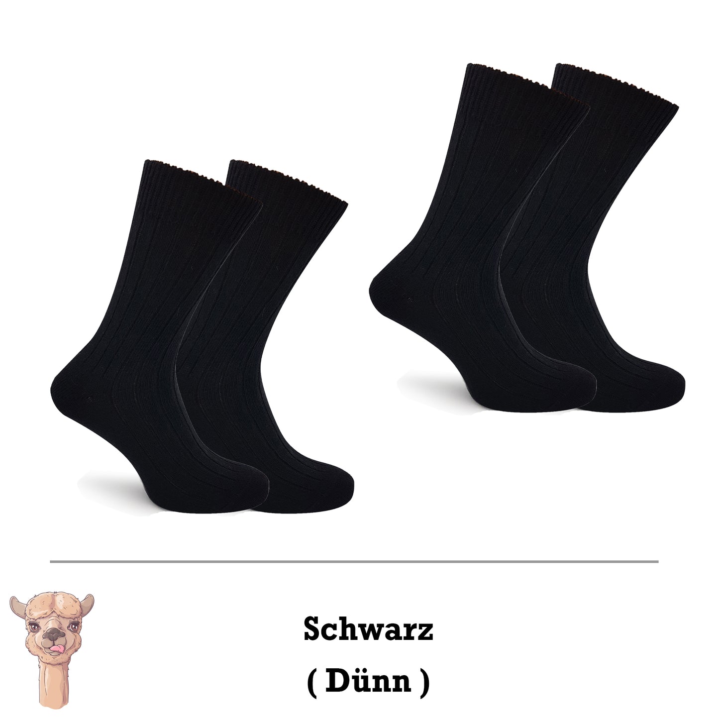Alpaka Socken, Wollsocken (2 Paar) - Dünn (Schwarz)