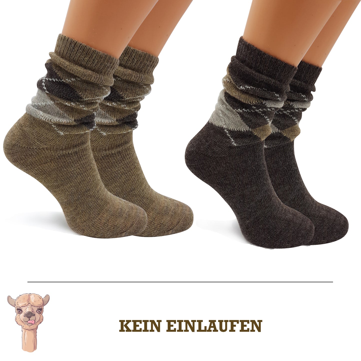 Alpaka Socken, Wollsocken (2 Paar) - Karo (Beige/Braun)