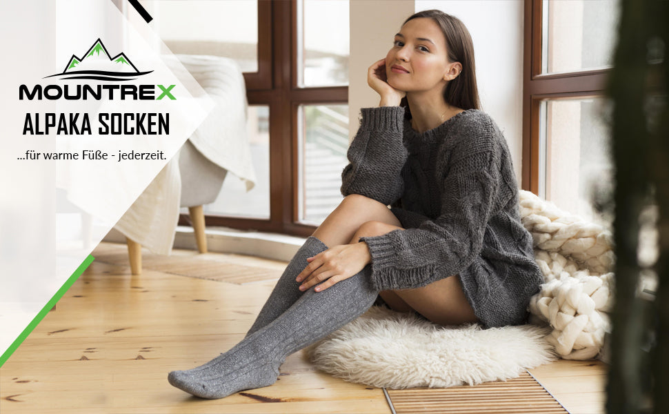 Alpaka Socken, Wollsocken (2 Paar) - Kniestrümpfe (Beige/Braun)