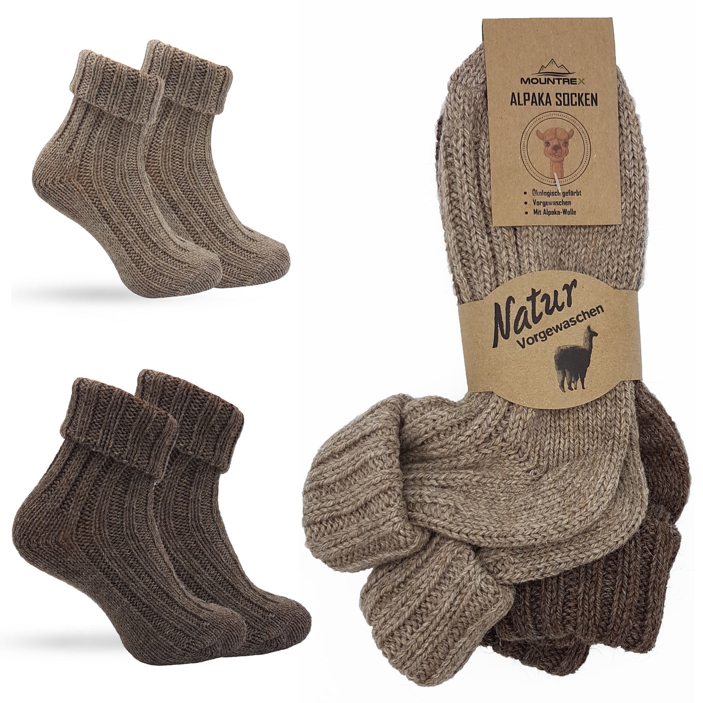 Alpaka Socken, Wollsocken (2 Paar) - Strick, mit Umschlag (Braun/Dunkelbraun)