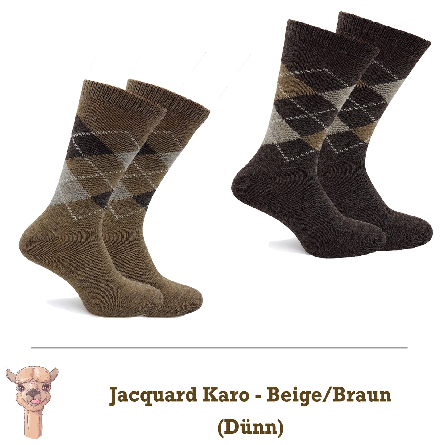 Alpaka Socken, Wollsocken (2 Paar) - Karo (Beige/Braun)