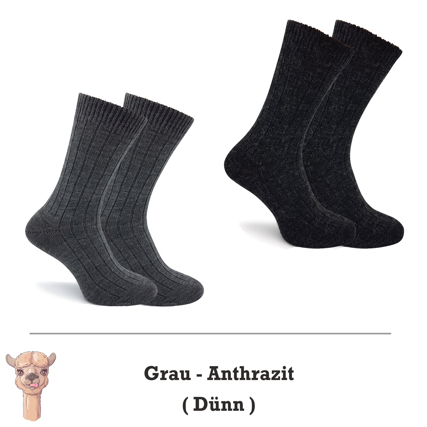 Alpaka Socken, Wollsocken (2 Paar) - Dünn (Grau/Anthrazit)