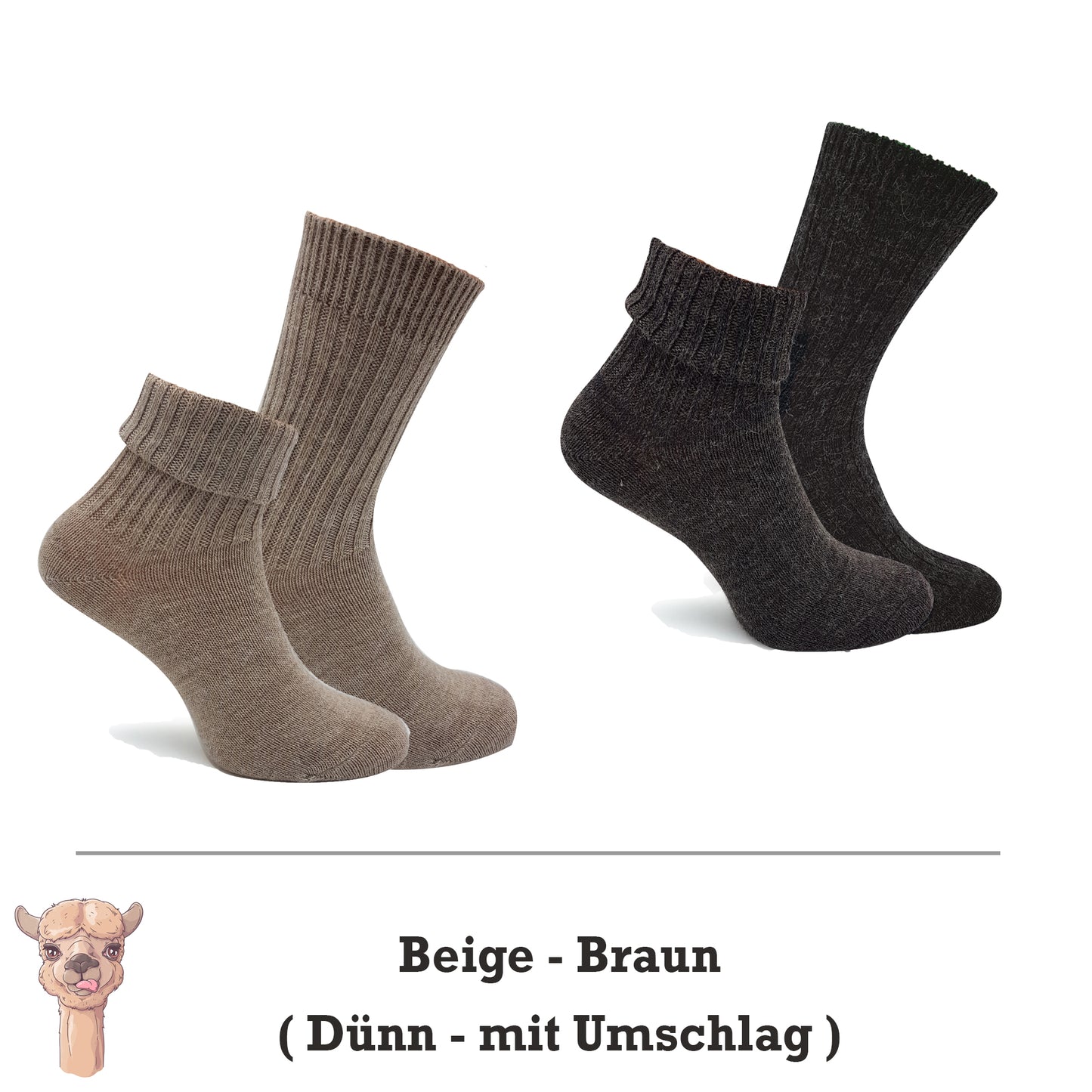 Alpaka Socken, Wollsocken (2 Paar) - Dünn, mit Umschlag (Beige/Braun)