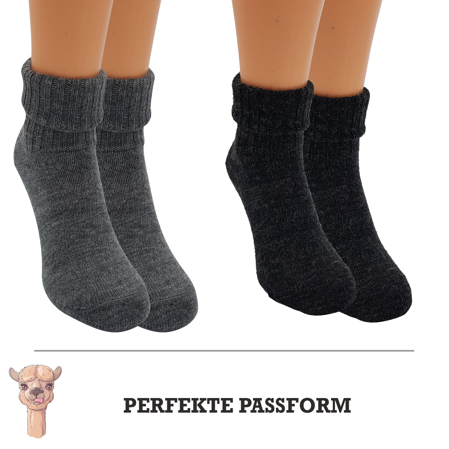 Alpaka Socken, Wollsocken (2 Paar) - Dünn, mit Umschlag (Grau/Anthrazit)