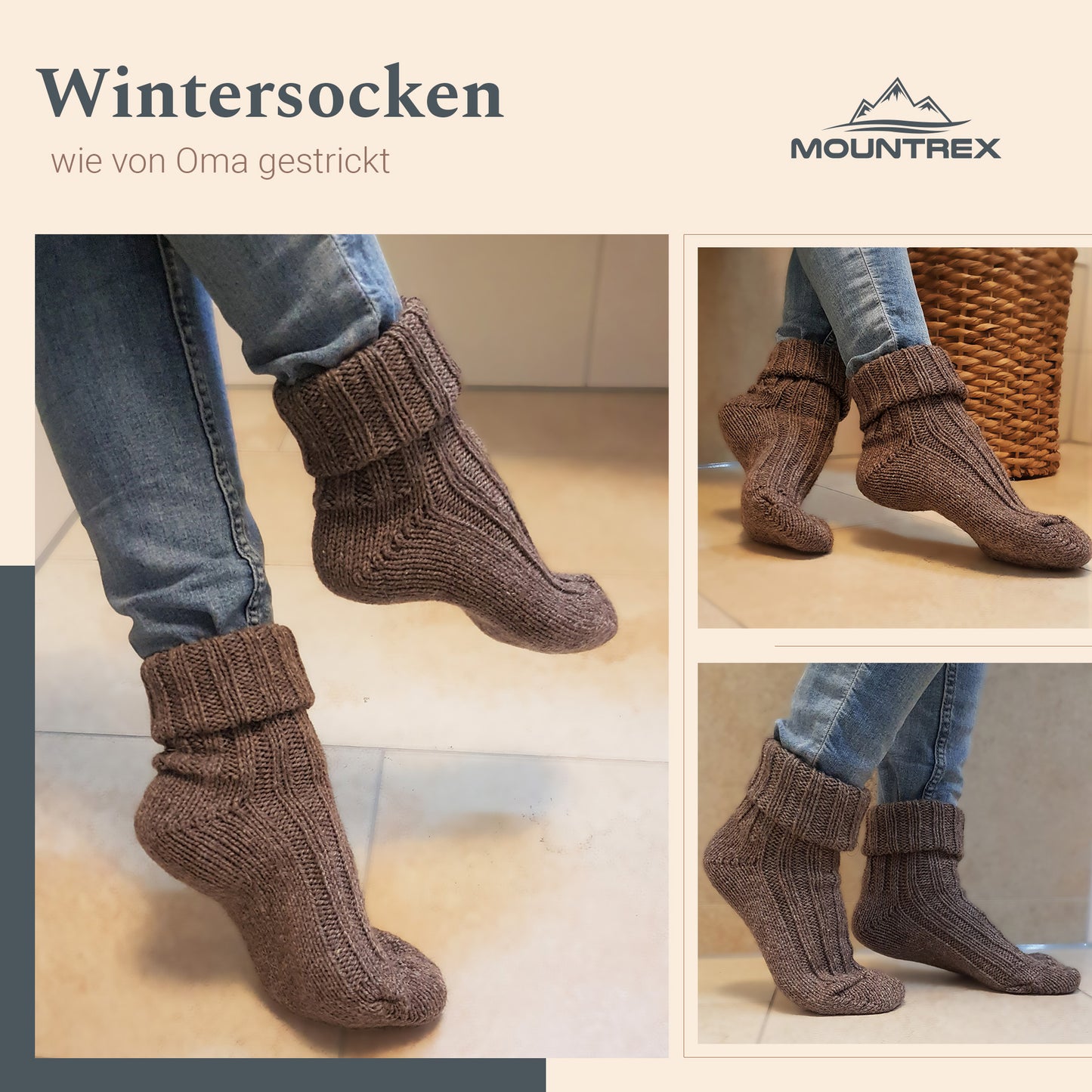 Alpaka Socken, Wollsocken (2 Paar) - Strick (Beige/Braun)