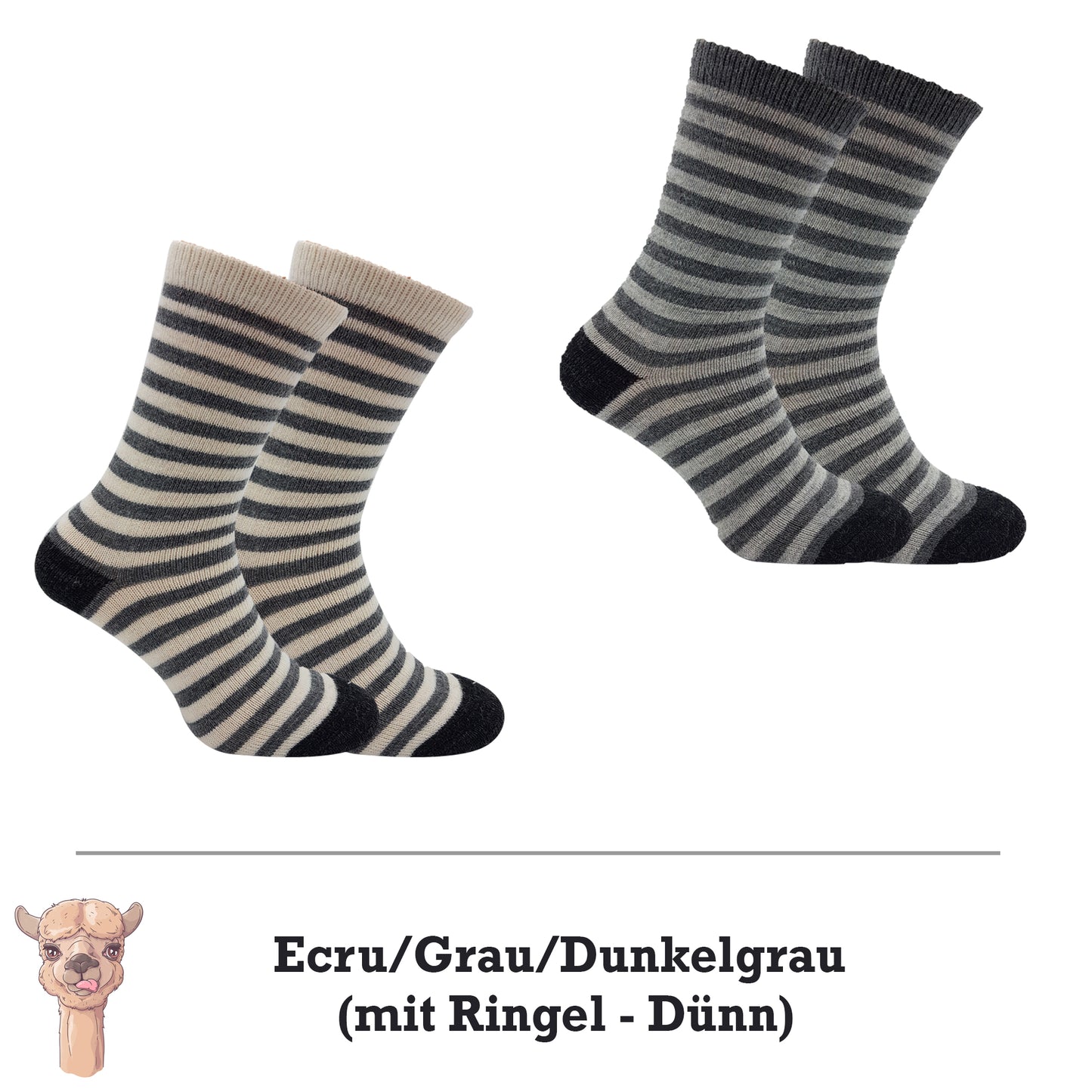 Alpaka Socken, Wollsocken (2 Paar) - Dünn, mit Ringel (Ecru/Grau/Dunkelgrau)