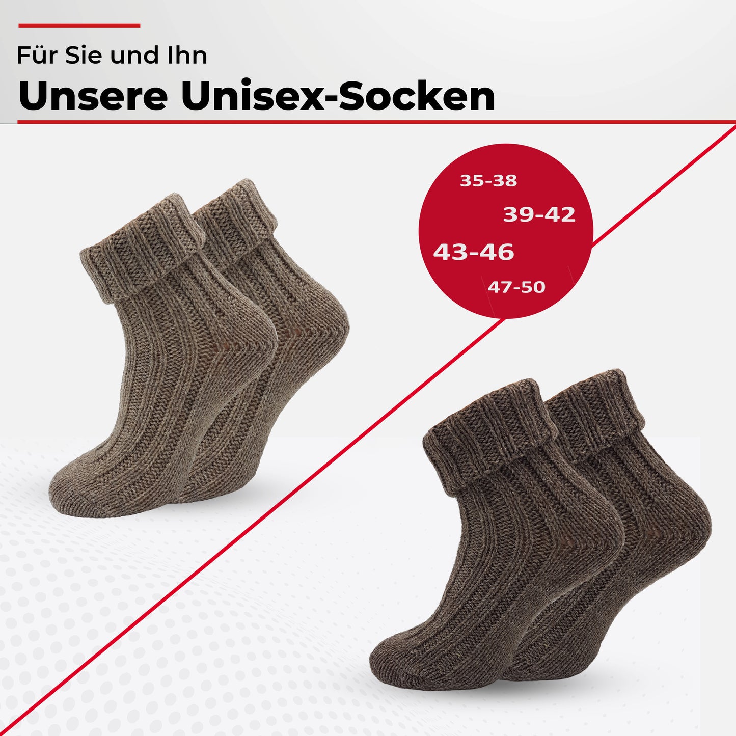Alpaka Socken, Wollsocken (2 Paar) - Strick, mit Umschlag (Braun/Dunkelbraun)