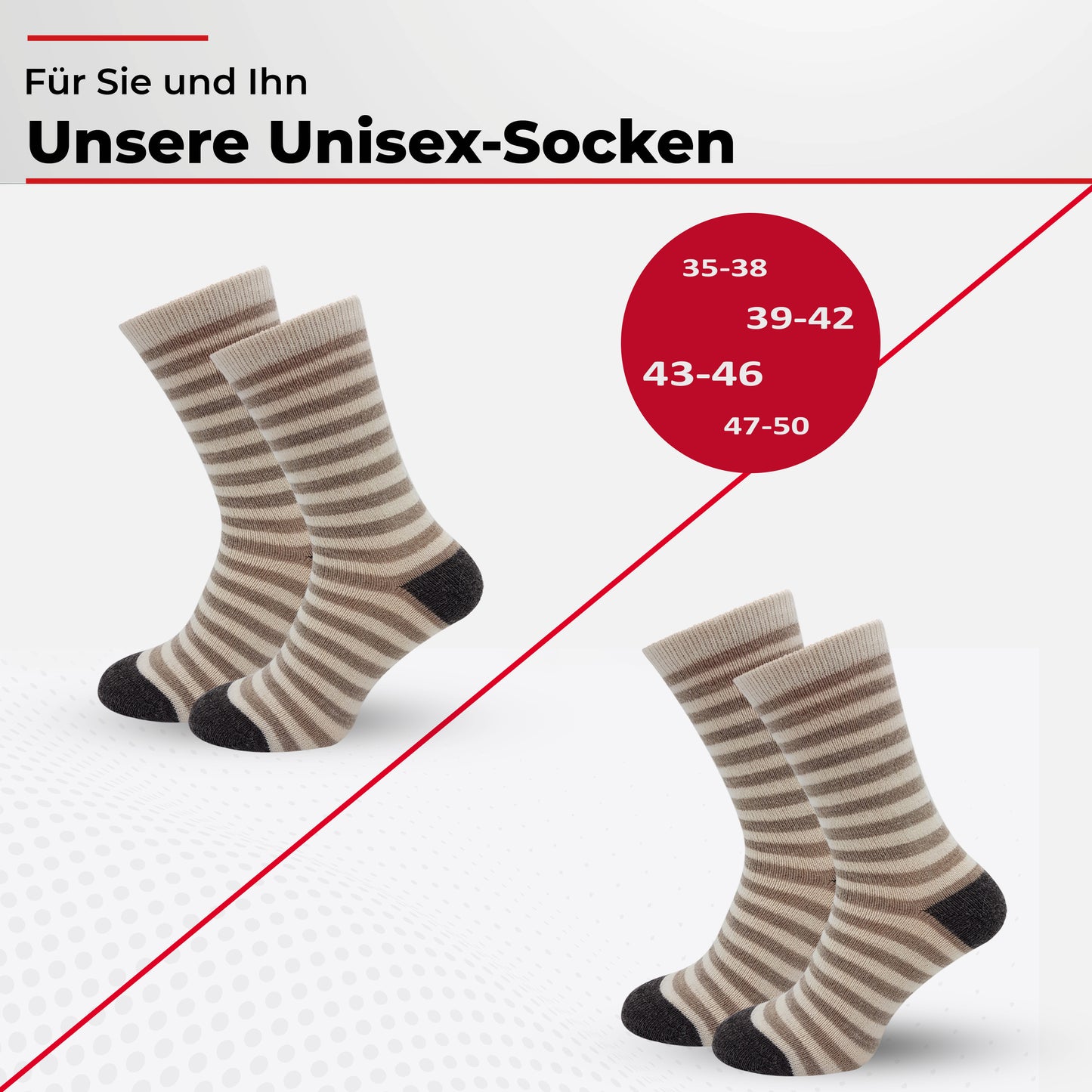 Alpaka Socken, Wollsocken (2 Paar) - Dünn, mit Ringel (Ecru/Beige/Braun)