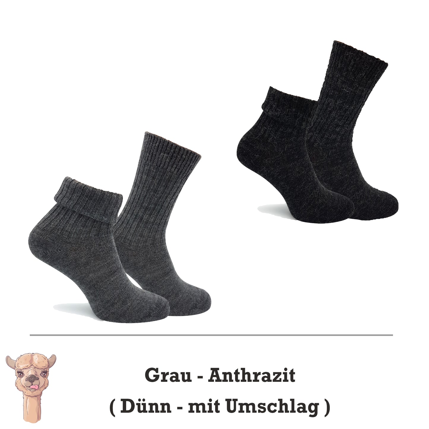Alpaka Socken, Wollsocken (2 Paar) - Dünn, mit Umschlag (Grau/Anthrazit)