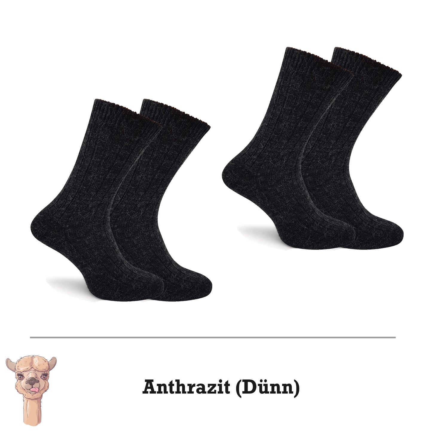 Alpaka Socken, Wollsocken (2 Paar) - Dünn (Anthrazit)