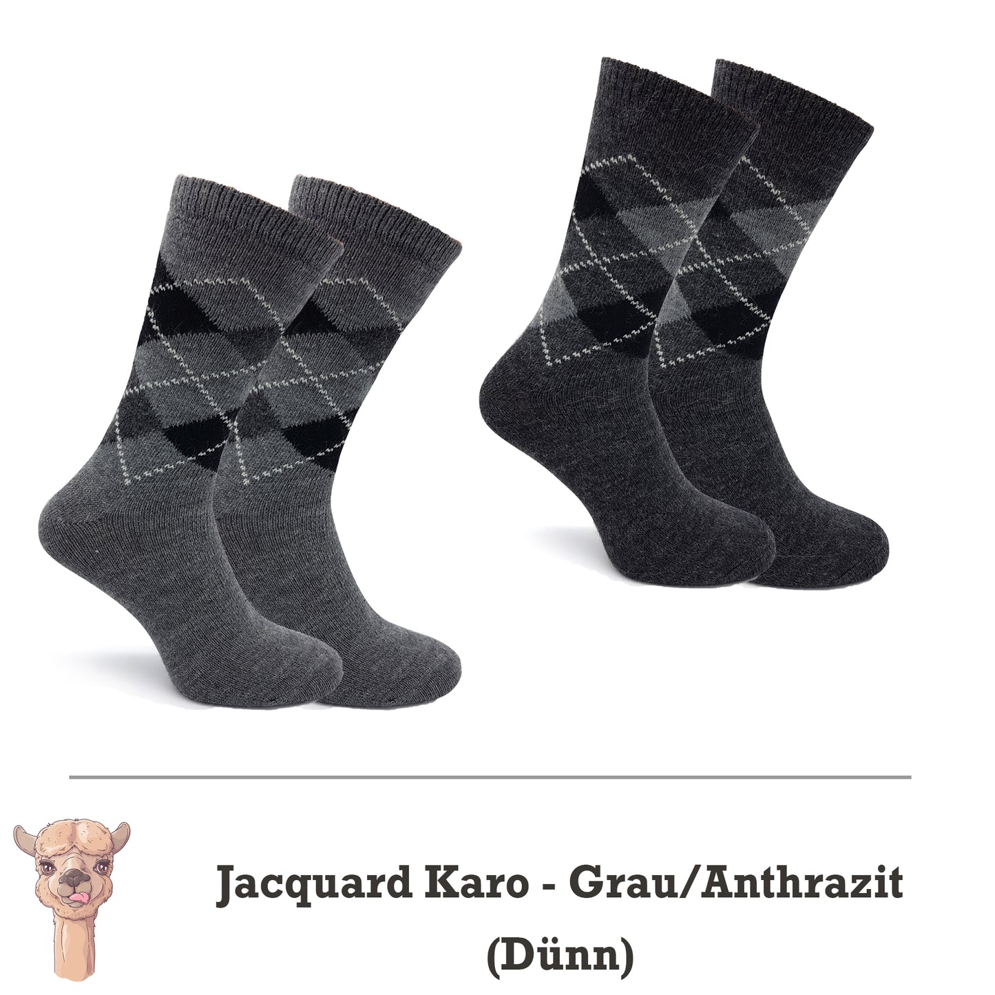 Alpaka Socken, Wollsocken (2 Paar) - Karo (Grau/Anthrazit)