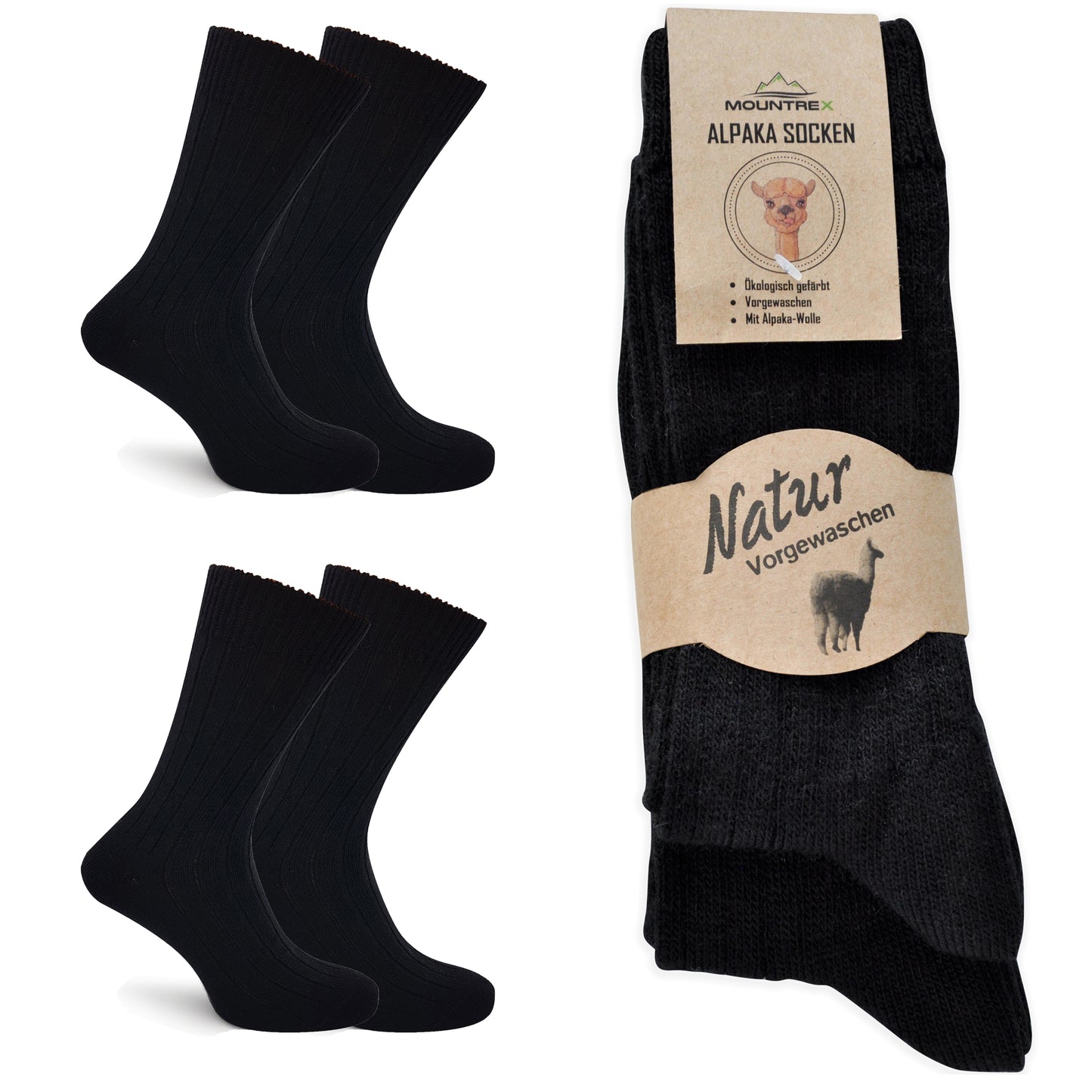 Alpaka Socken, Wollsocken (2 Paar) - Dünn (Schwarz)