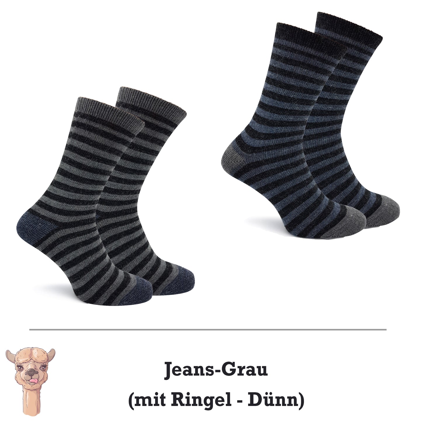 Alpaka Socken, Wollsocken (2 Paar) - Dünn, mit Ringel (Jeans/Grau)