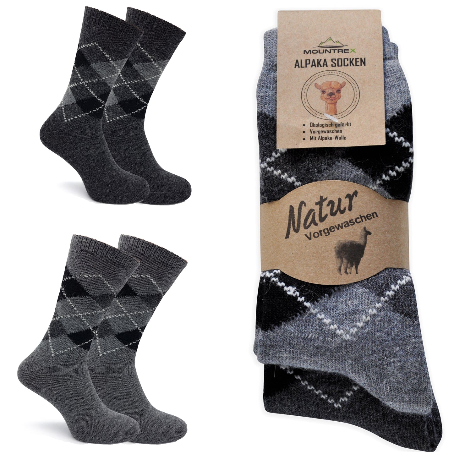 Alpaka Socken, Wollsocken (2 Paar) - Karo (Grau/Anthrazit)