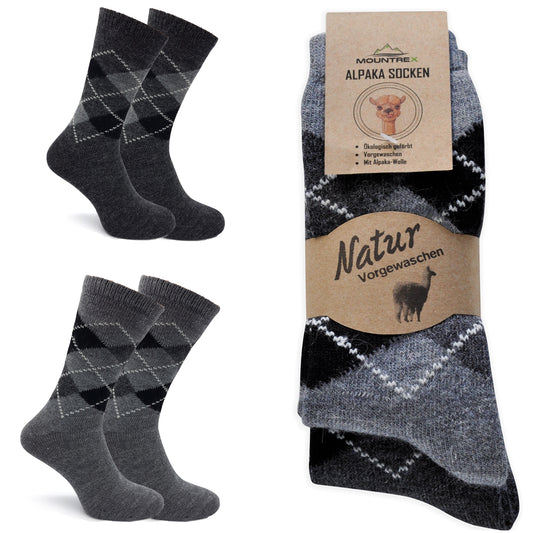 Alpaka Socken, Wollsocken (2 Paar) - Karo (Grau/Anthrazit)