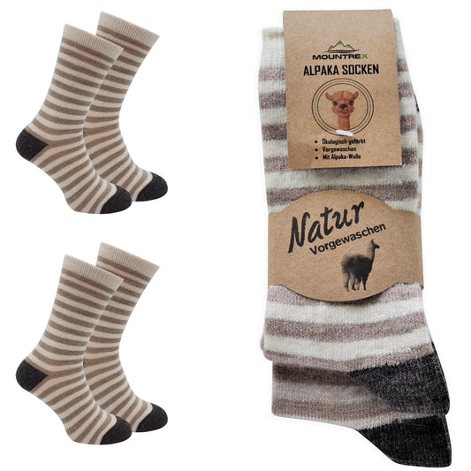 Alpaka Socken, Wollsocken (2 Paar) - Dünn, mit Ringel (Ecru/Beige/Braun)