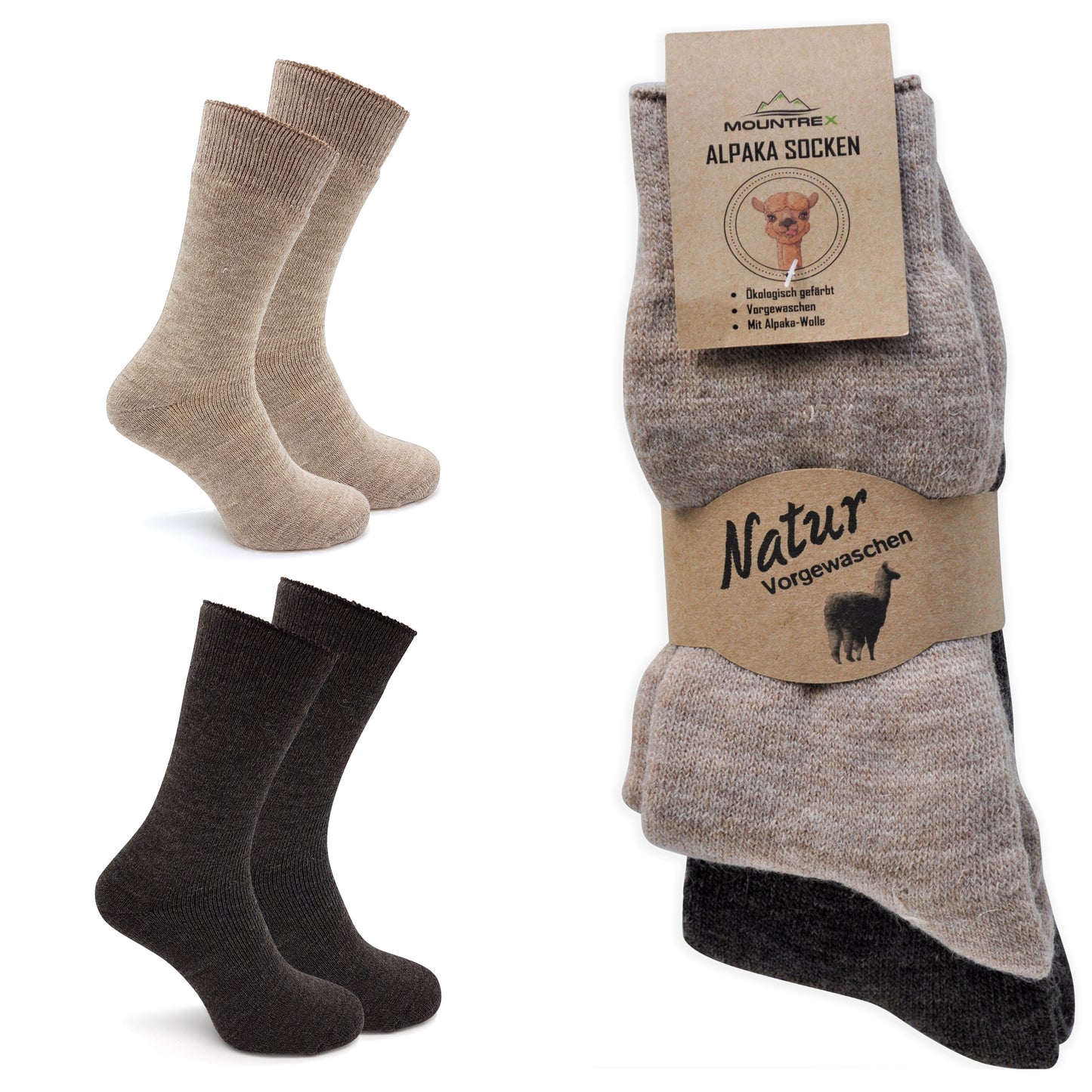 Alpaka Socken, Wollsocken (2 Paar) - Dick Thermo (Beige/Braun)