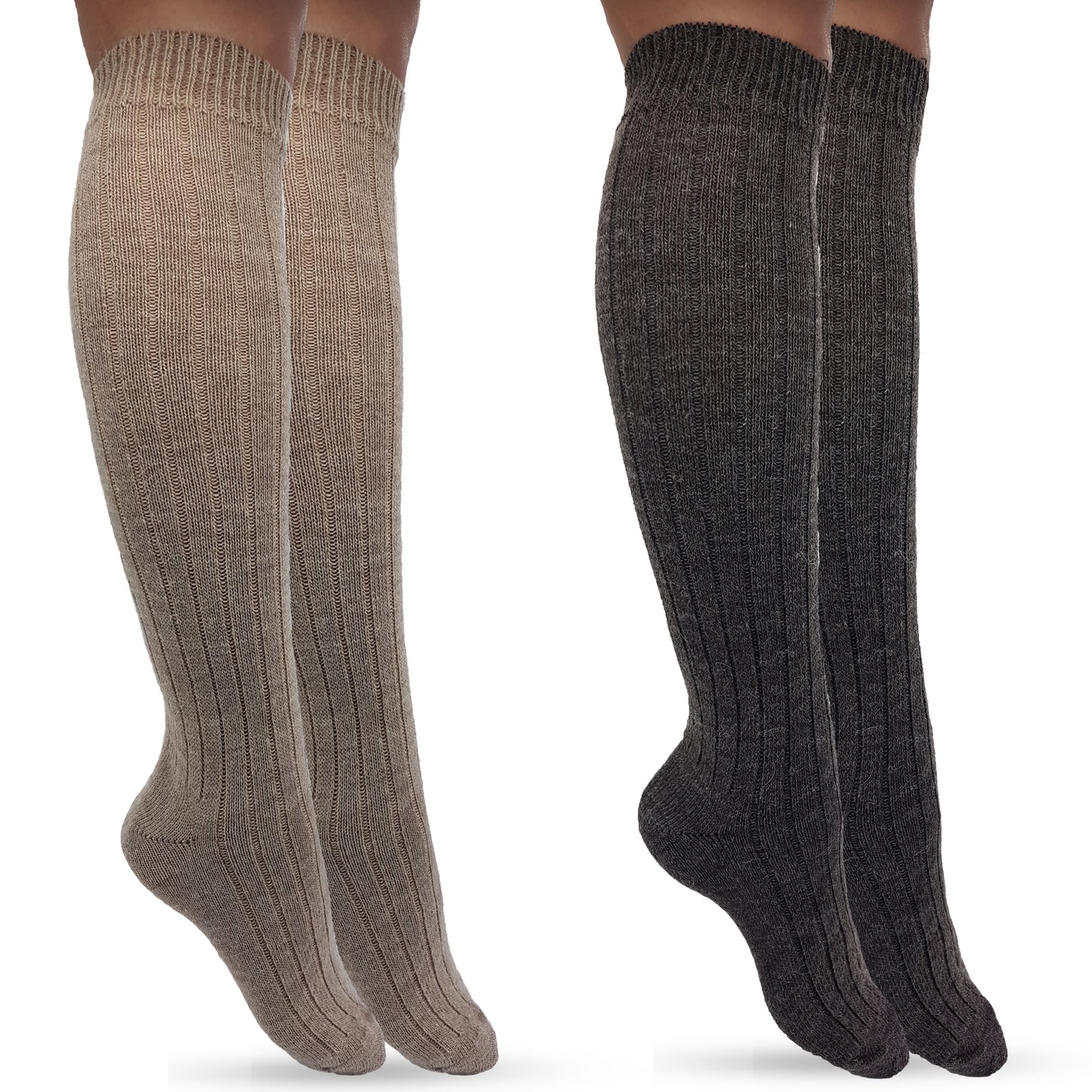 Alpaka Socken, Wollsocken (2 Paar) - Kniestrümpfe (Beige/Braun)