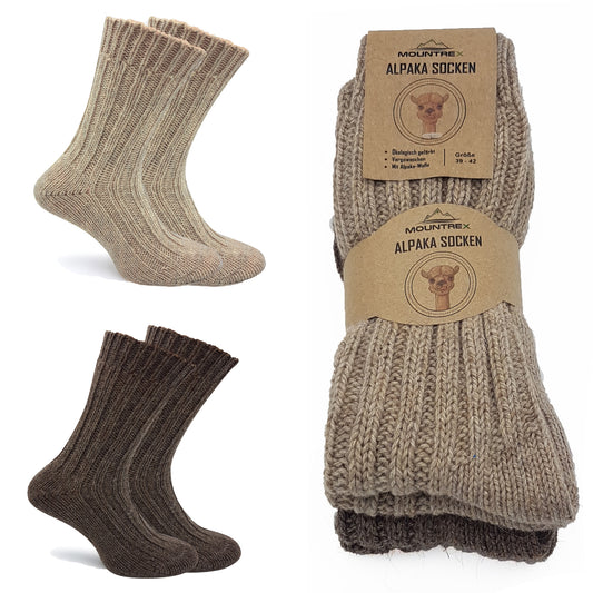 Alpaka Socken, Wollsocken (2 Paar) - Strick (Beige/Braun)