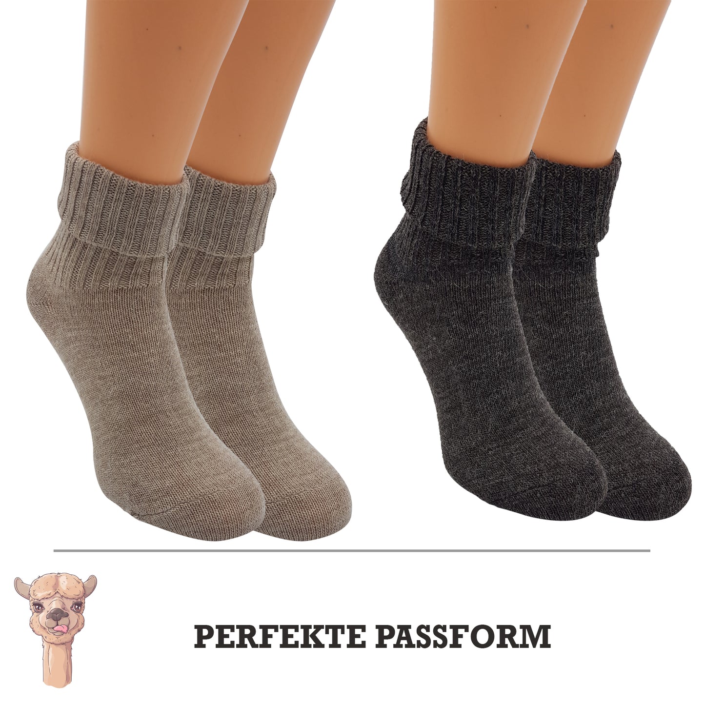 Alpaka Socken, Wollsocken (2 Paar) - Dünn, mit Umschlag (Beige/Braun)