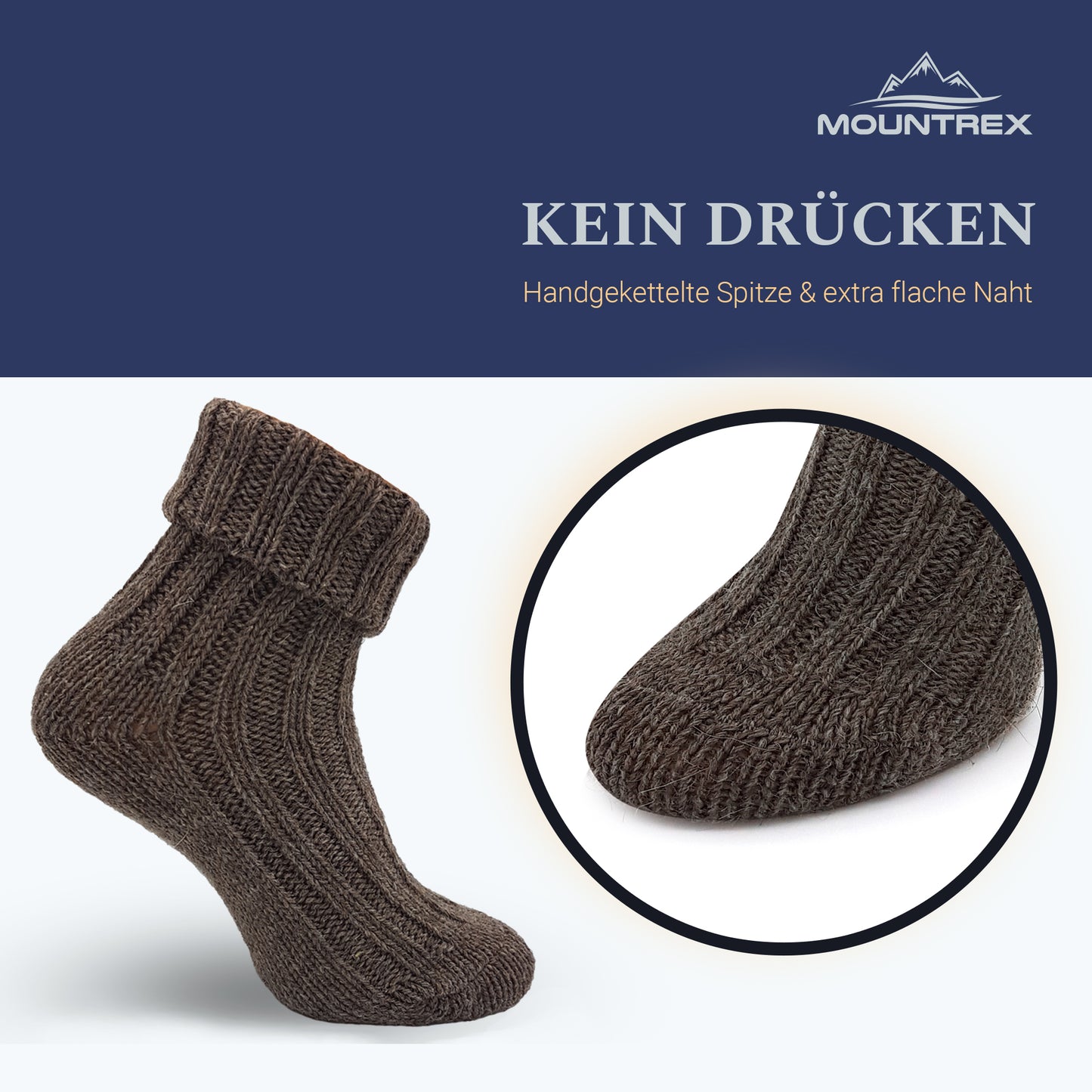 Alpaka Socken, Wollsocken (2 Paar) - Strick, mit Umschlag (Braun/Dunkelbraun)